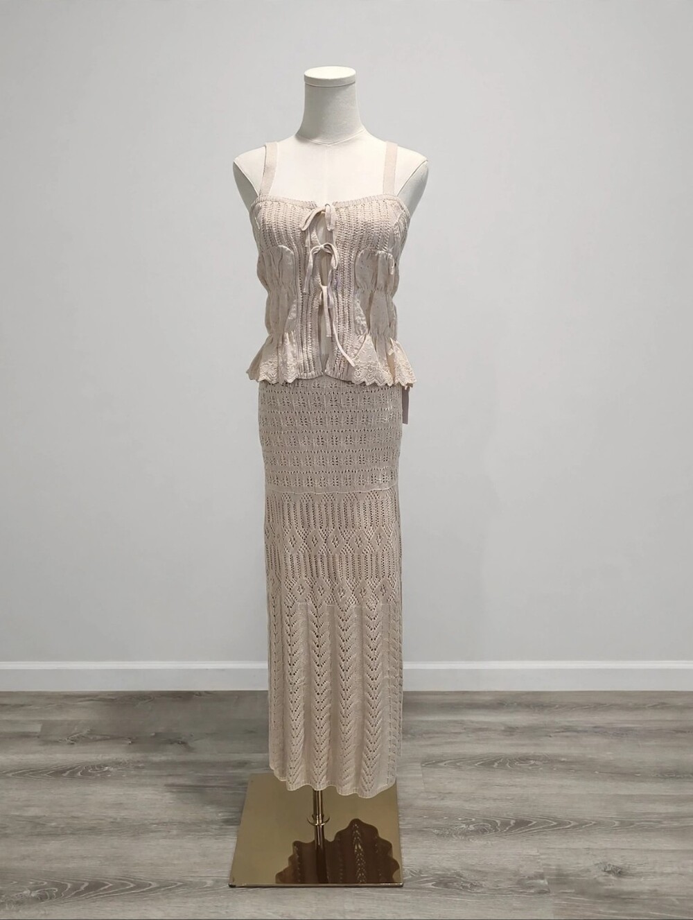 Pink Rose 2 Piece Set S Oatmilk Crochet Knit Eyelet Tie Front Tank + Skirt NWT